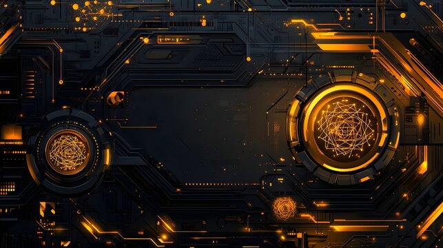 Intricate, glowing circuit panel design with golden accents.