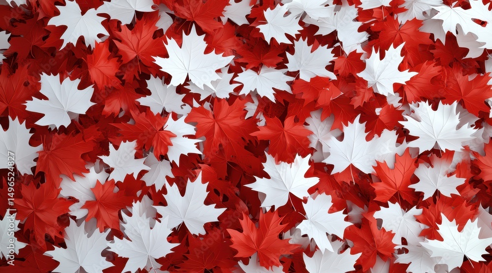 Wall mural a dense collection of red and white maple leaves, creating a textured, patterned background