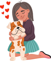 Cartoon girl hugs cute bulldog dog. Vector child with long hair kneels and gently embraces smiling puppy. Heartwarming moment with hearts above symbolizing love, care, connection between kid and pet