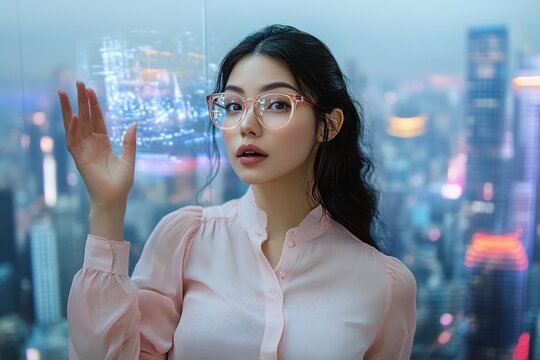 young woman with glasses interacting with a transparent futuristic digital interface window overlooking a blurred cityscape at dusk