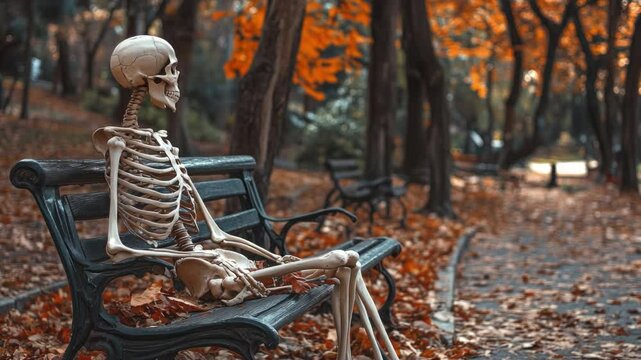 Human skeleton sitting alone on a park bench surrounded by autumn leaves in a serene outdoor environment 4k video footage