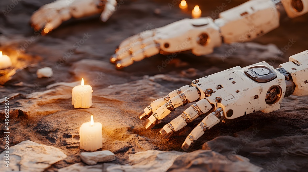 Poster mechanical appendages resting amongst flickering candles on a desolate surface.