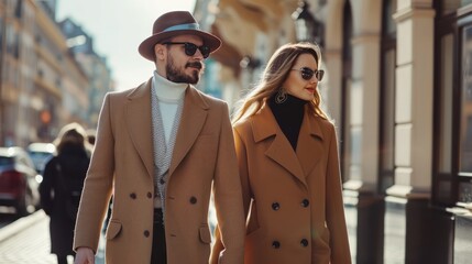 Obraz premium Stylish, well-dressed couple in an elegant urban setting.
