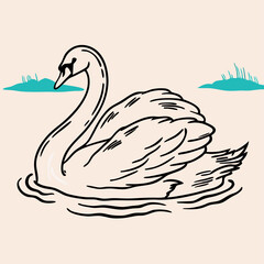 Elegant Line Art Swan on Water, Simple Illustration