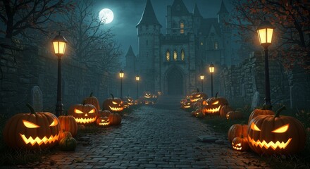 3D Illustration: Halloween Pumpkins Pathway to Haunted Castle