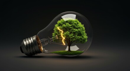 3D Green Tree In Light Bulb On Dark Background