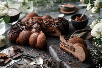 Chocolate creamy mousse souffle cake with chocolate cream on dark background with flowers. Sweets, dessert and pastry, top view, close up