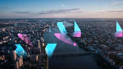 Cityscape with abstract geometric shapes overlaid - Powered by Adobe