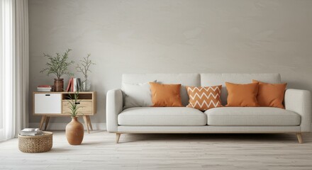 3D Illustration: Modern Minimalist Living Room Interior with White Sofa and Orange Cushions