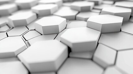Three-dimensional white hexagonal tiles creating an abstract geometric pattern with depth and shadows