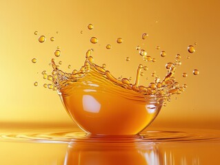 Close-up of golden orange liquid splash creating dynamic droplets on smooth reflective surface against matching background
