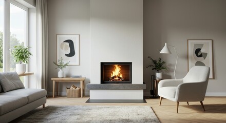 3D Illustration Cozy Living Room with Modern Fireplace