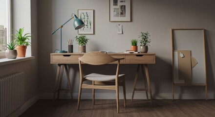 3D Illustration Home Office Desk Workspace with Plants
