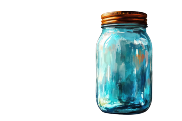 A handcrafted glass jar in shades of blue and turquoise holds secrets its painted texture on transparent background