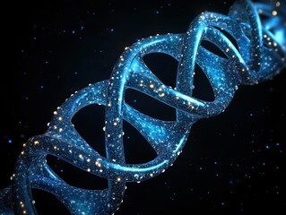 Close-up 3D visualization of a glowing blue double helix DNA strand against a dark background representing genetic structure and molecular biology