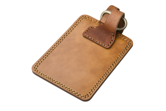 A handcrafted leather luggage tag symbolizing adventure and personalized travel with classic on transparent background