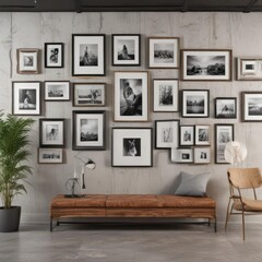 Modern gallery wall, diverse frames, stylish decor,  white,  photo frames