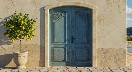 3D Illustration of Blue Vintage Door with Lemon Tree