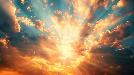 Sunrise or sunset with rays of light breaking through clouds, symbolizing spiritual awakening.