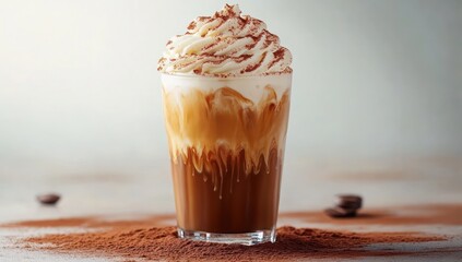 Cold coffee drink with whipped cream topping and cocoa powder sprinkled on top and around the glass creating a cozy and inviting atmosphere