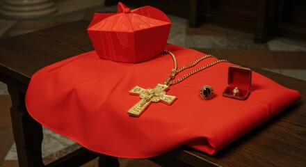  Regalia of a Catholic Cardinal: Red Biretta, Gold Pectoral Cross, and Rings Displayed on a Red Robe