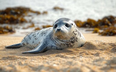 A baby seal resting on sandy beach near seaweed with a calm and curious expression