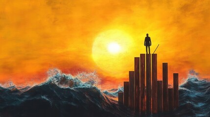 Silhouetted person standing on tall wooden pillars surrounded by turbulent ocean waves under a glowing orange sunset sky, evoking solitude and resilience
