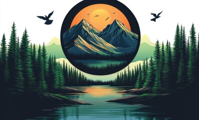 Illustration of a serene forest river at sunset with tall pine trees, distant mountains, birds flying, and a warm orange sun in a circular frame