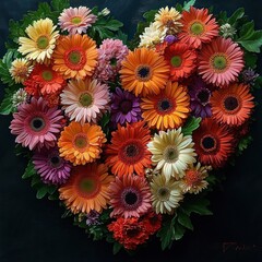 Heart-shaped arrangement of vibrant gerbera daisies and other flowers in shades of orange, pink, cream, and purple with green leaves on a dark background, evoking warmth and affection