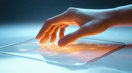 Close-up of a human hand interacting with a futuristic transparent touchscreen device emitting glowing light patterns