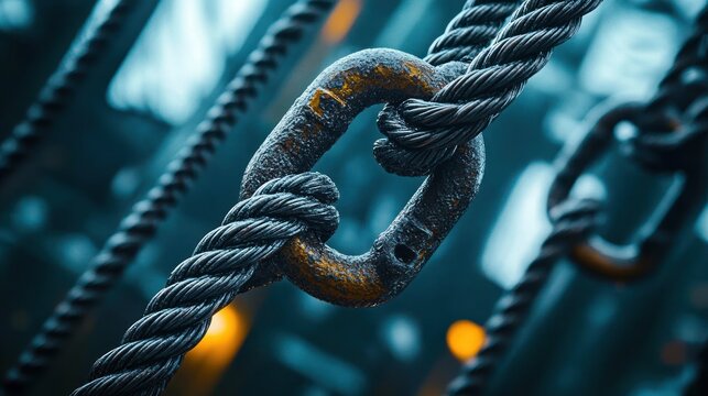 Close-up of a rusty metal chain link holding thick steel cables with a blurred background of similar chains and industrial elements