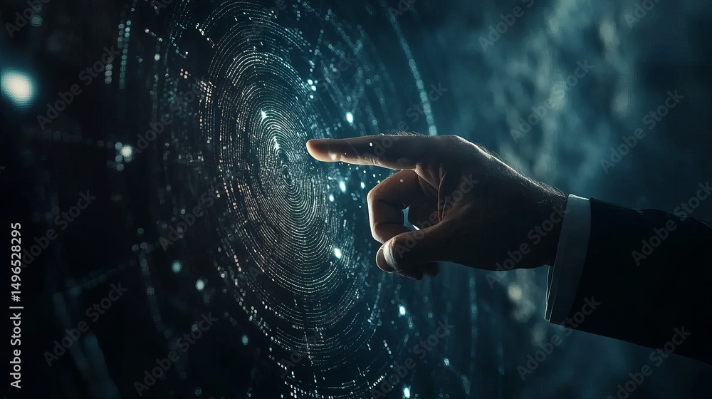 Aufkleber a hand touching a glowing fingerprint pattern on a dark background with scattered light points