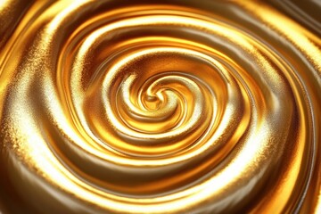 Close-up of a swirling smooth gold metallic texture with shiny reflective surface and soft glowing highlights