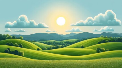 Bright sun rising over rolling green hills with scattered trees and distant blue mountains beneath a sky with fluffy clouds