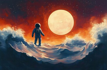 Astronaut standing on turbulent waves of a dark ocean under a large glowing full moon with a fiery red and orange night sky