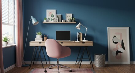 3D Illustration Modern Home Office Interior Design with Blue Wall