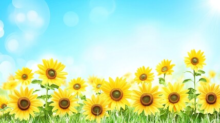 Obraz premium Sunflowers blooming in a sunny field, bright sky background; greeting card