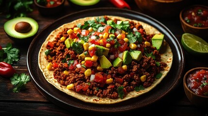Delicious taco with seasoned ground beef, corn, diced tomatoes, onions, avocado, cilantro, and salsa served on a tortilla on a dark plate with fresh ingredients around