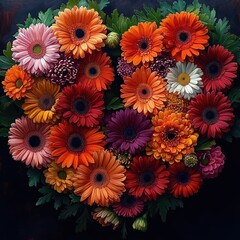 A vibrant heart-shaped arrangement of colorful daisies and gerbera flowers with lush green leaves on a dark background, evoking warmth and cheerfulness