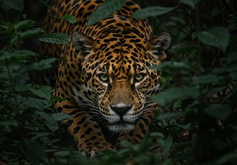 Obraz premium Alert jaguar prowls through dense foliage
