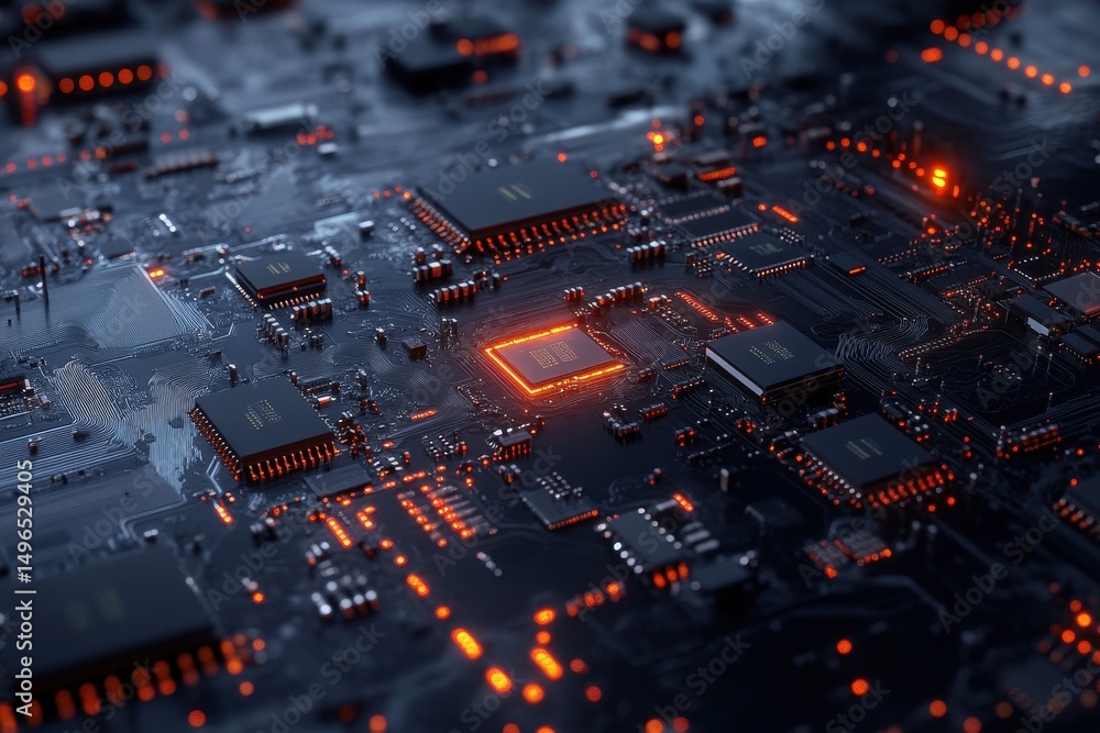 Poster closeup view of a circuit board with microchips illuminated by orange lights in a technical workspac