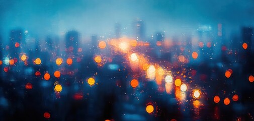 Blurred cityscape viewed through a rain-covered window with warm glowing lights creating bokeh effect and blue atmospheric tones