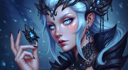 Enchanting Digital Painting of an Ice Elf Queen or Fantasy Sorceress with Luminous Blue Eyes, White Hair, and Ornate Dark Attire, Holding a Small Intricate Object.