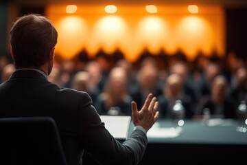 man in suit giving a presentation or speech to a seated audience in a conference or meeting room with warm lighting