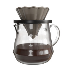 Realistic 3D render of a V60 dripper placed on top of a transparent glass jug, filled with freshly brewed coffee.