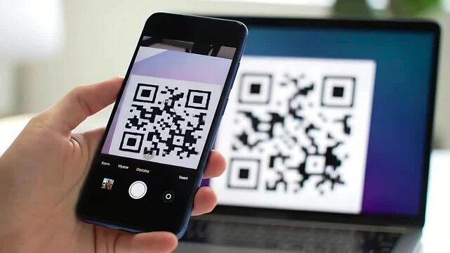Customer scanning QR code, making a quick and easy contactless payment with her smartphone, Qr code scanning