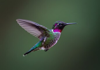 Fototapeta premium Hummingbird in flight against green background