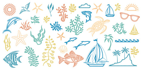 Fototapeta premium Elements of marine design, sea and summer vacation, noisy texture, isolated on a white background, vector illustration