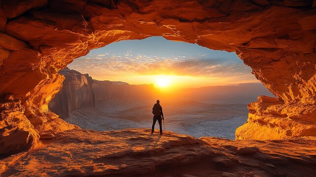 Adventure hiker standing under a desert rock arch at dawn   - Powered by Adobe