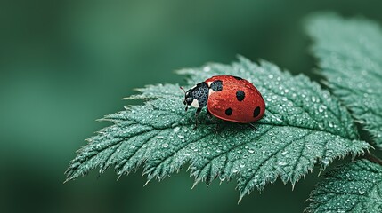Obraz premium Ladybug resting on a dewy leaf.